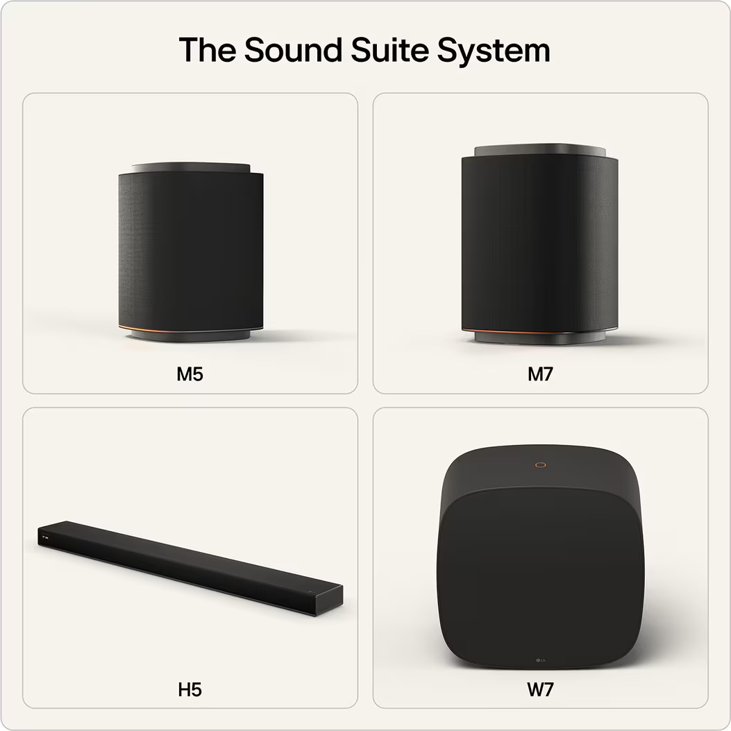 Quatre composants du système sonore LG : enceintes M5, M7, barre de son H5, caisson de basses W7.