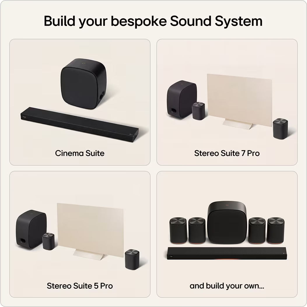 Quatre images montrent des systèmes d'enceintes: Cinema Suite, Stereo Suite 7 Pro, Stereo Suite 5 Pro et une sélection à assembler.