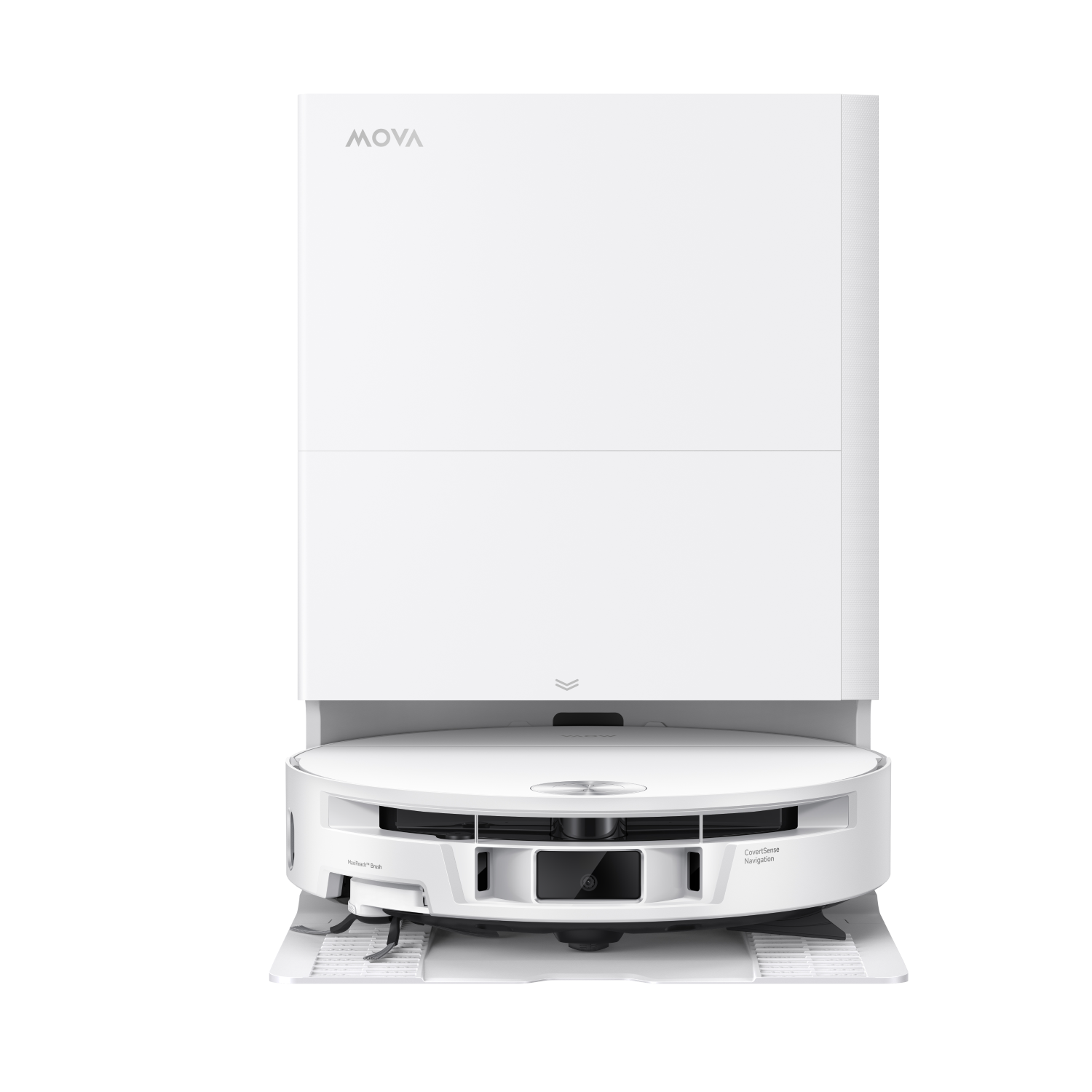 Un robot aspirador MOVA blanco con base de carga.