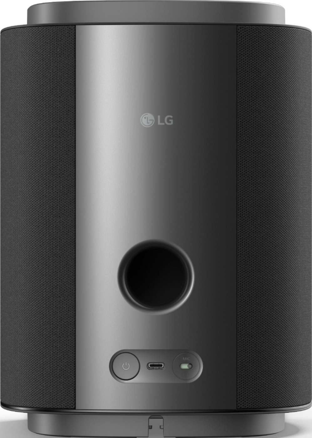 Enceinte LG noire avec accents métalliques et côtés en tissu, port circulaire.
