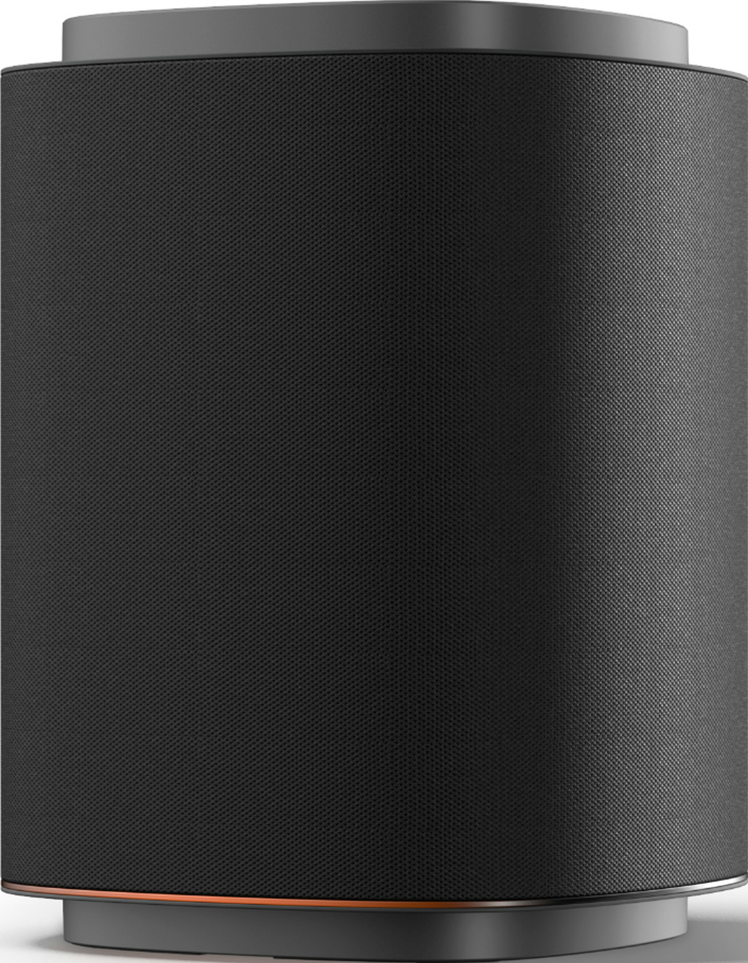 Un haut-parleur cylindrique noir avec une bande d'accent orange.