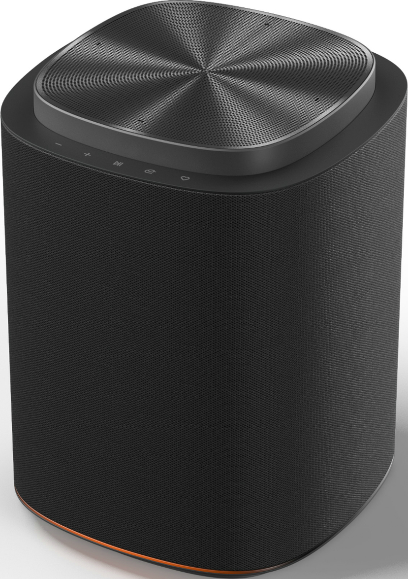 Haut-parleur cylindrique noir avec grille métallique et boutons de commande.