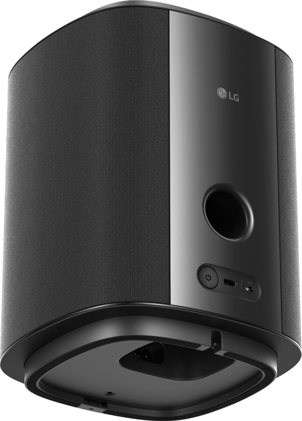 Enceinte LG noire avec grille en tissu et ports à l'arrière.