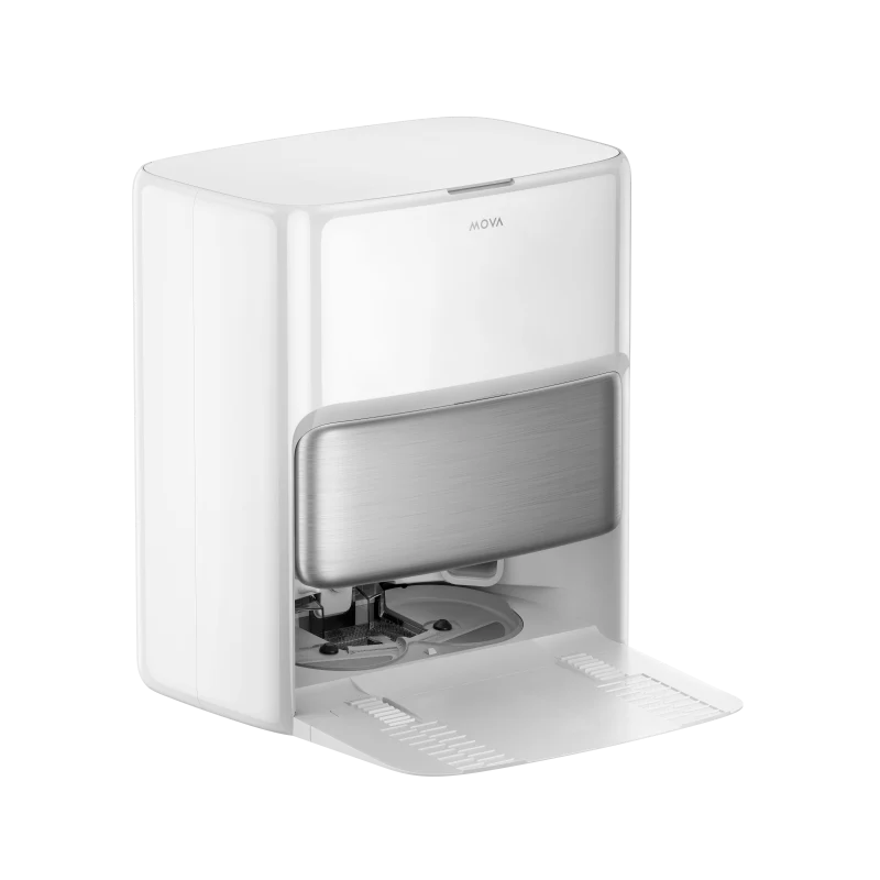 Un robot aspirador Mova blanco con panel frontal plateado y compartimento abatible.