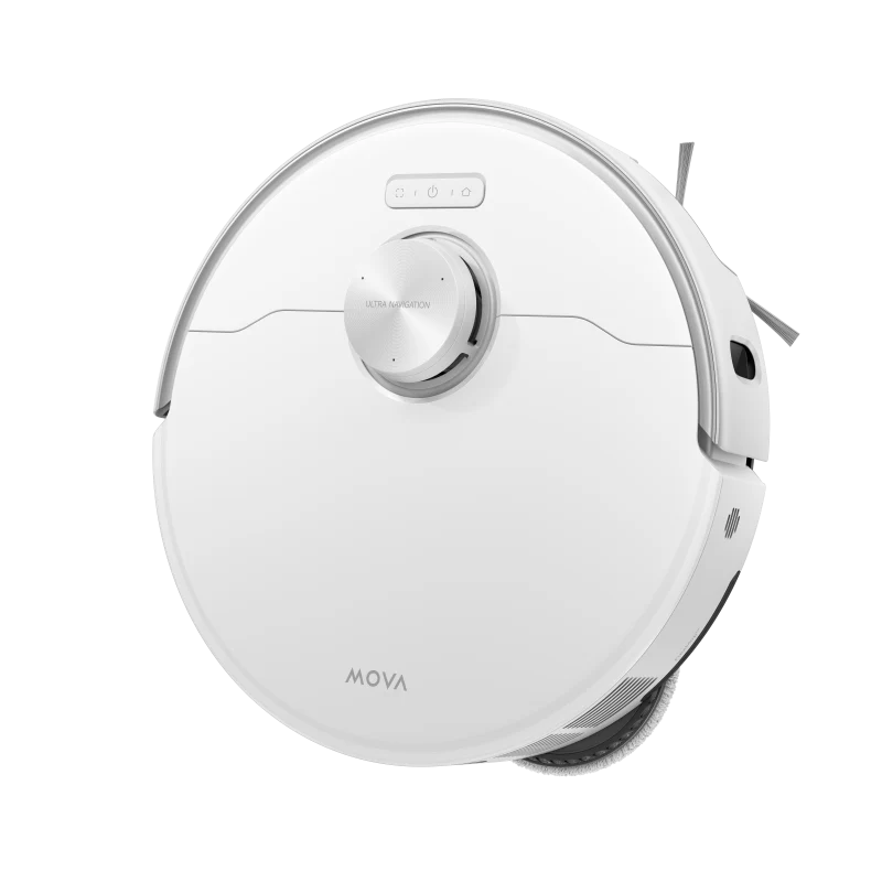 Un robot aspirador blanco MOVA con dial plateado y botones en la parte superior.