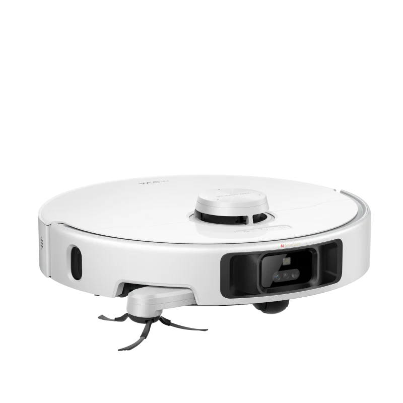 Un robot aspirador blanco con cepillos giratorios y cámara frontal.