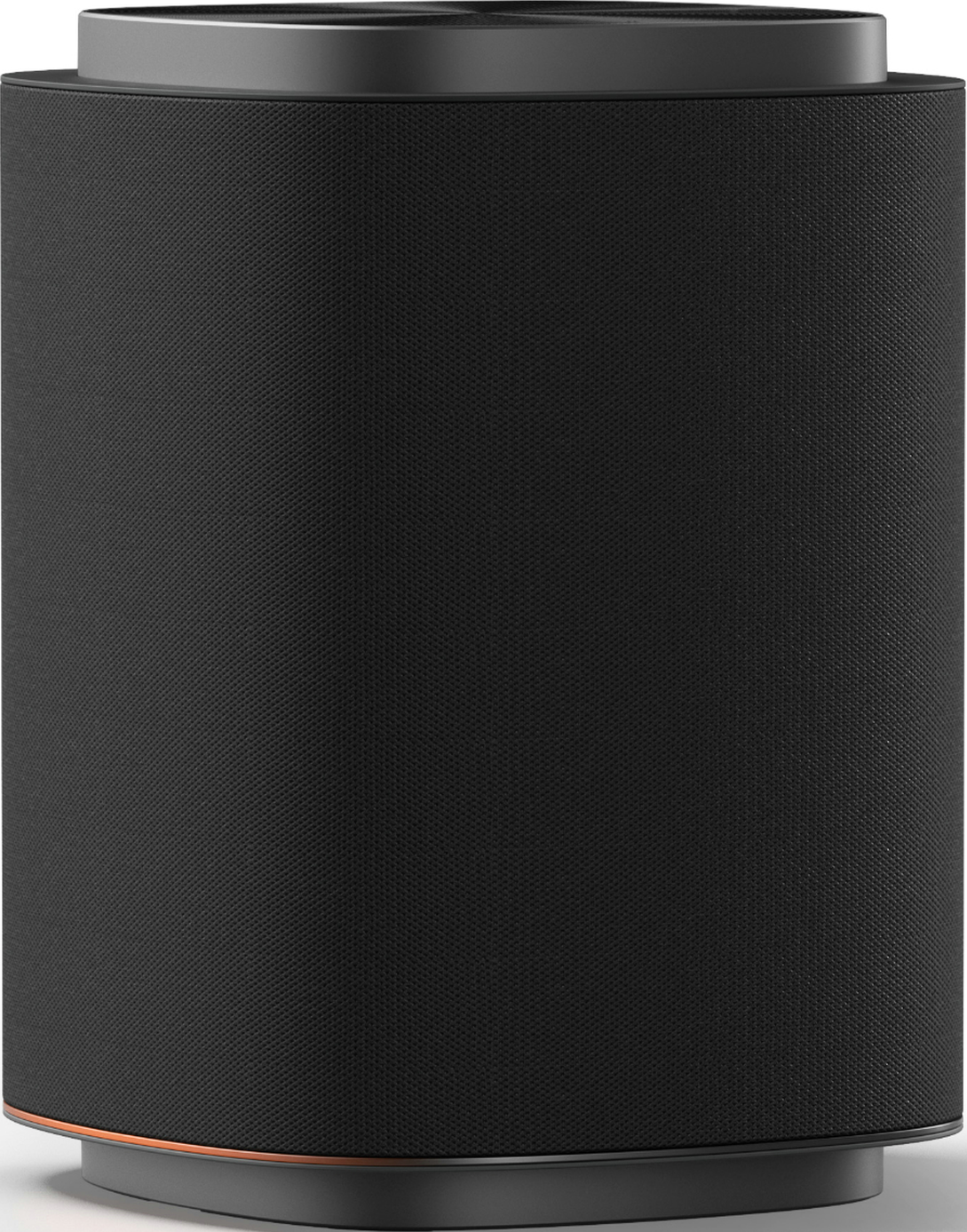 Un haut-parleur cylindrique noir avec un accent de cuivre à sa base.