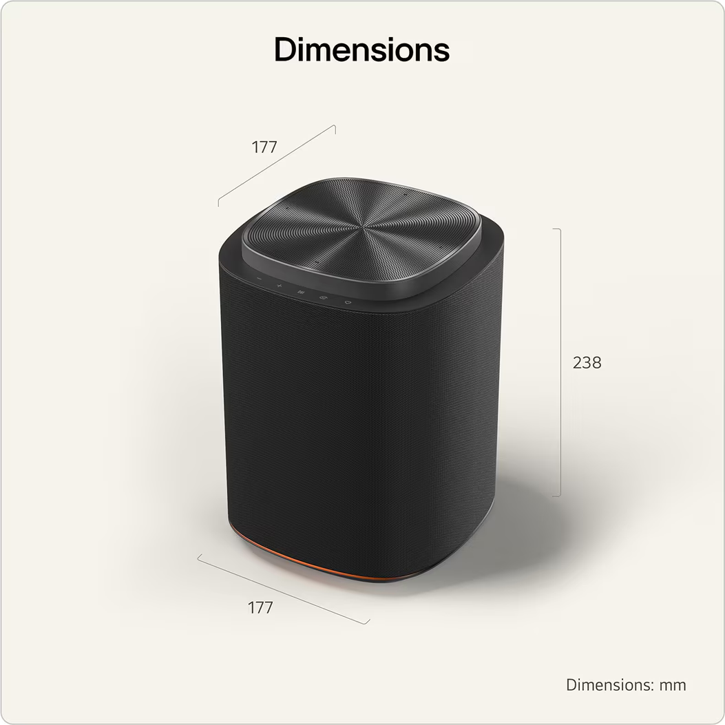 Enceinte noire avec dessus métallique, 177x177x238 mm.