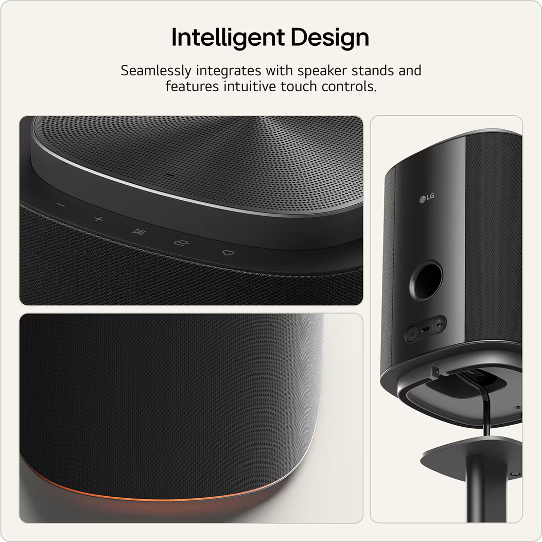 Haut-parleur LG noir avec commandes tactiles et base éclairée.
