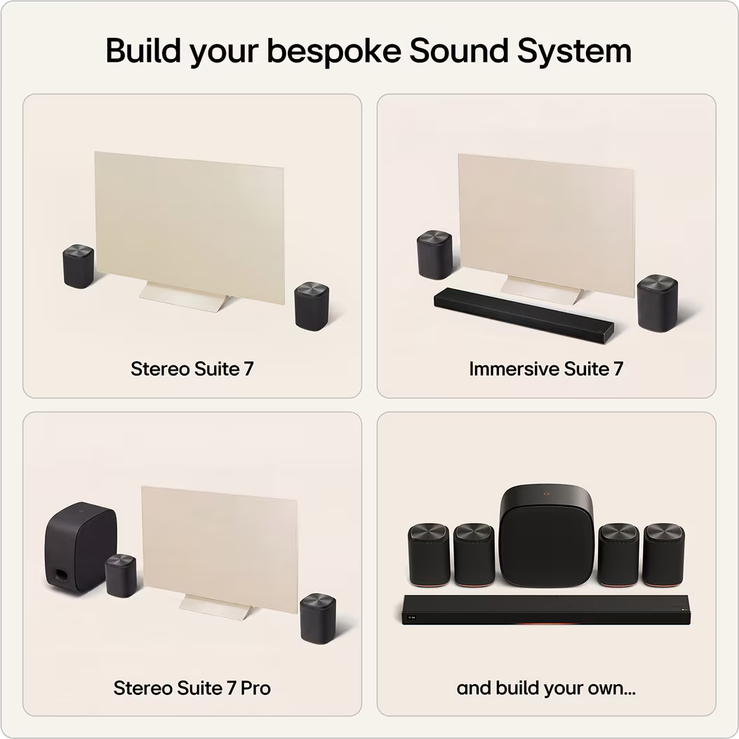 Quatre configurations de système sonore avec télévisions, haut-parleurs et subwoofers.