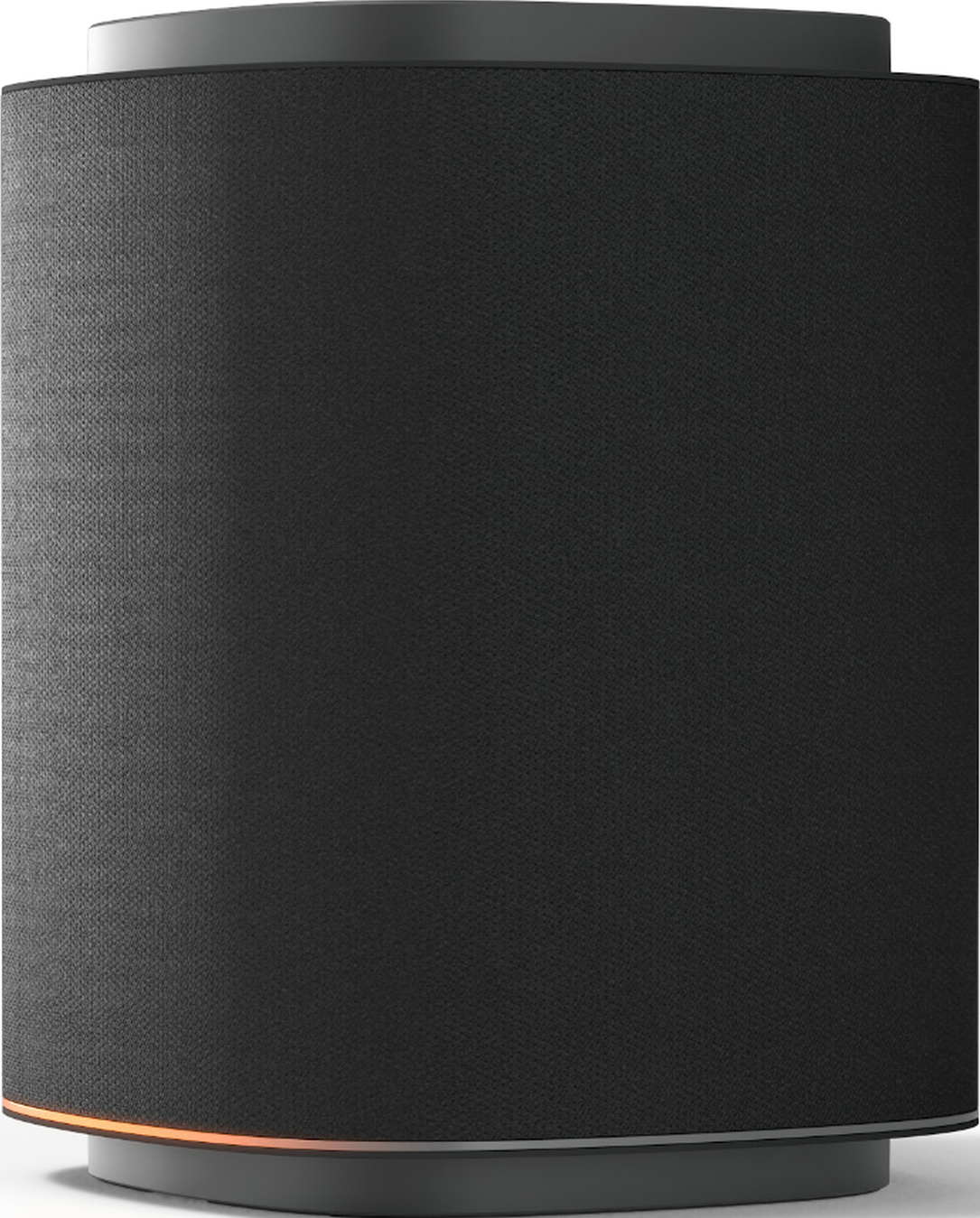 Un haut-parleur cylindrique gris avec une bande lumineuse orange à sa base.