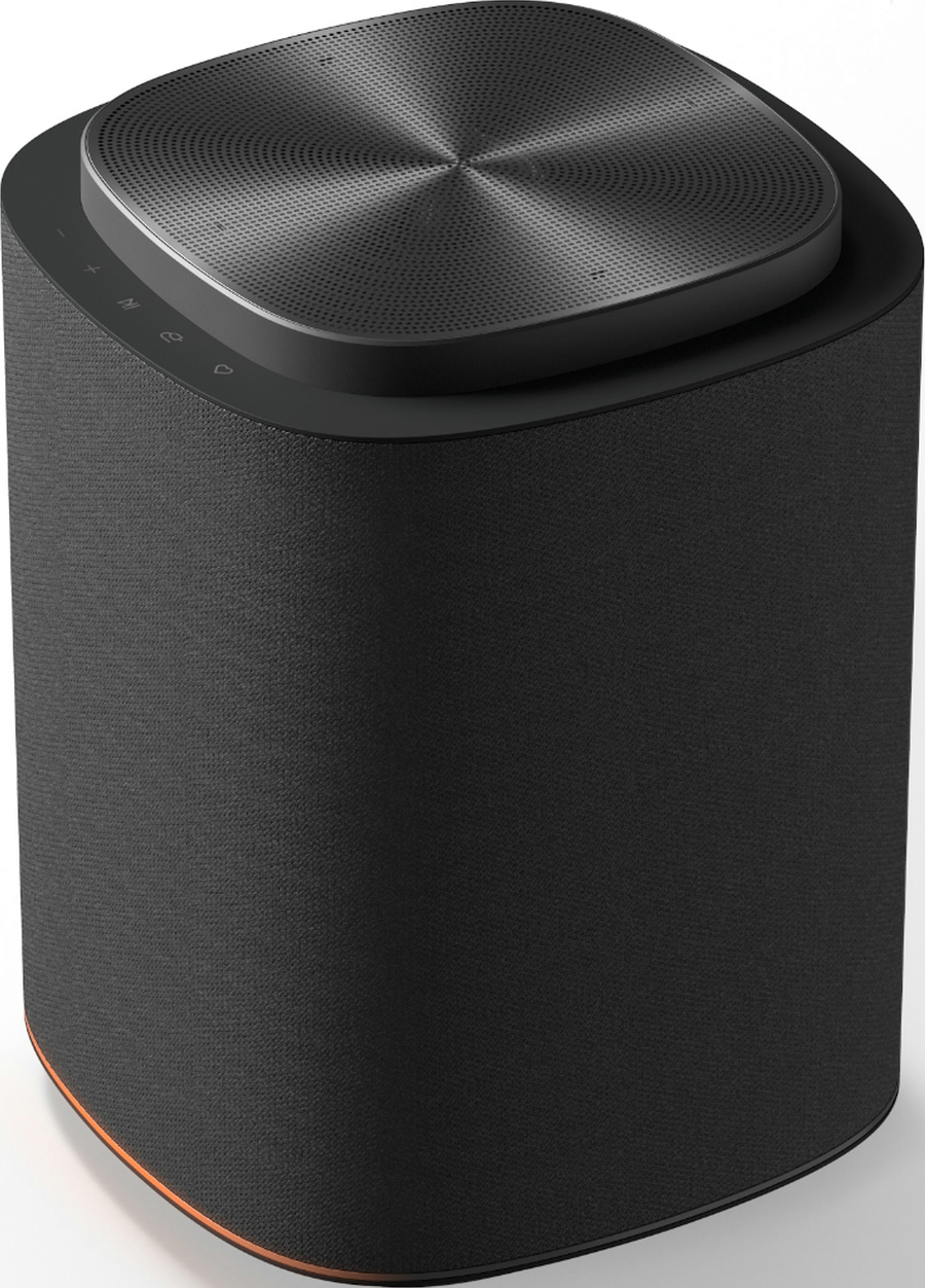 Haut-parleur noir avec dessus argenté métallique et commandes tactiles.