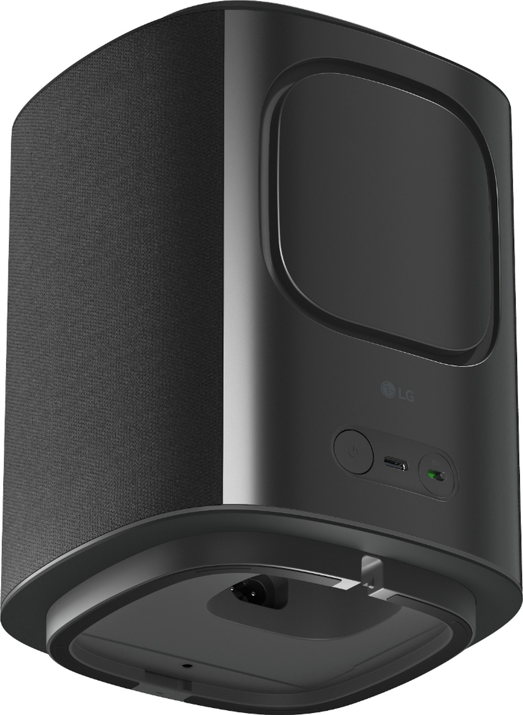 Enceinte LG noire avec grille en tissu, panneau de contrôle tactile et ports.