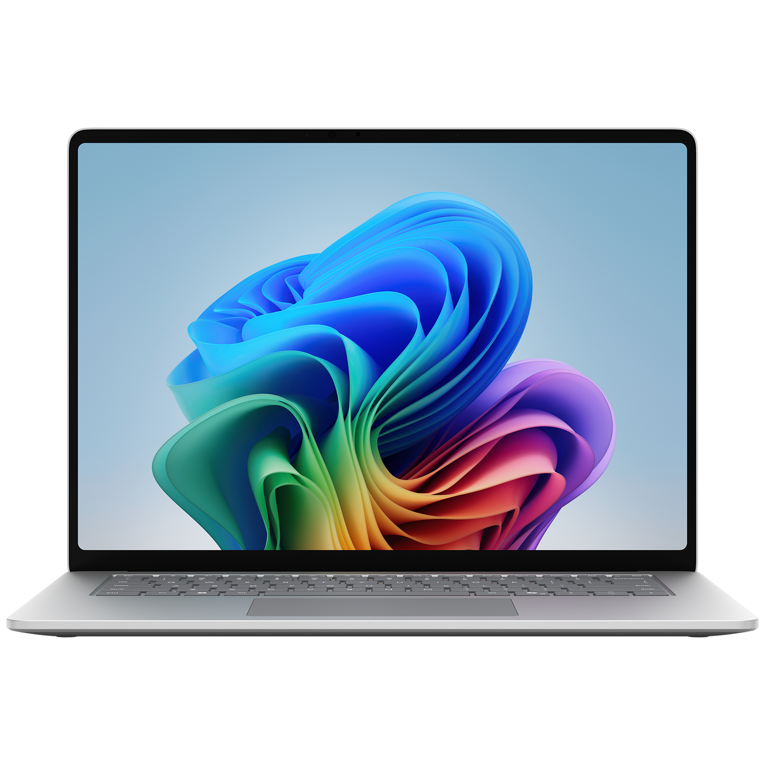A silver laptop displaying a colorful, abstract image on its screen against a light blue background.