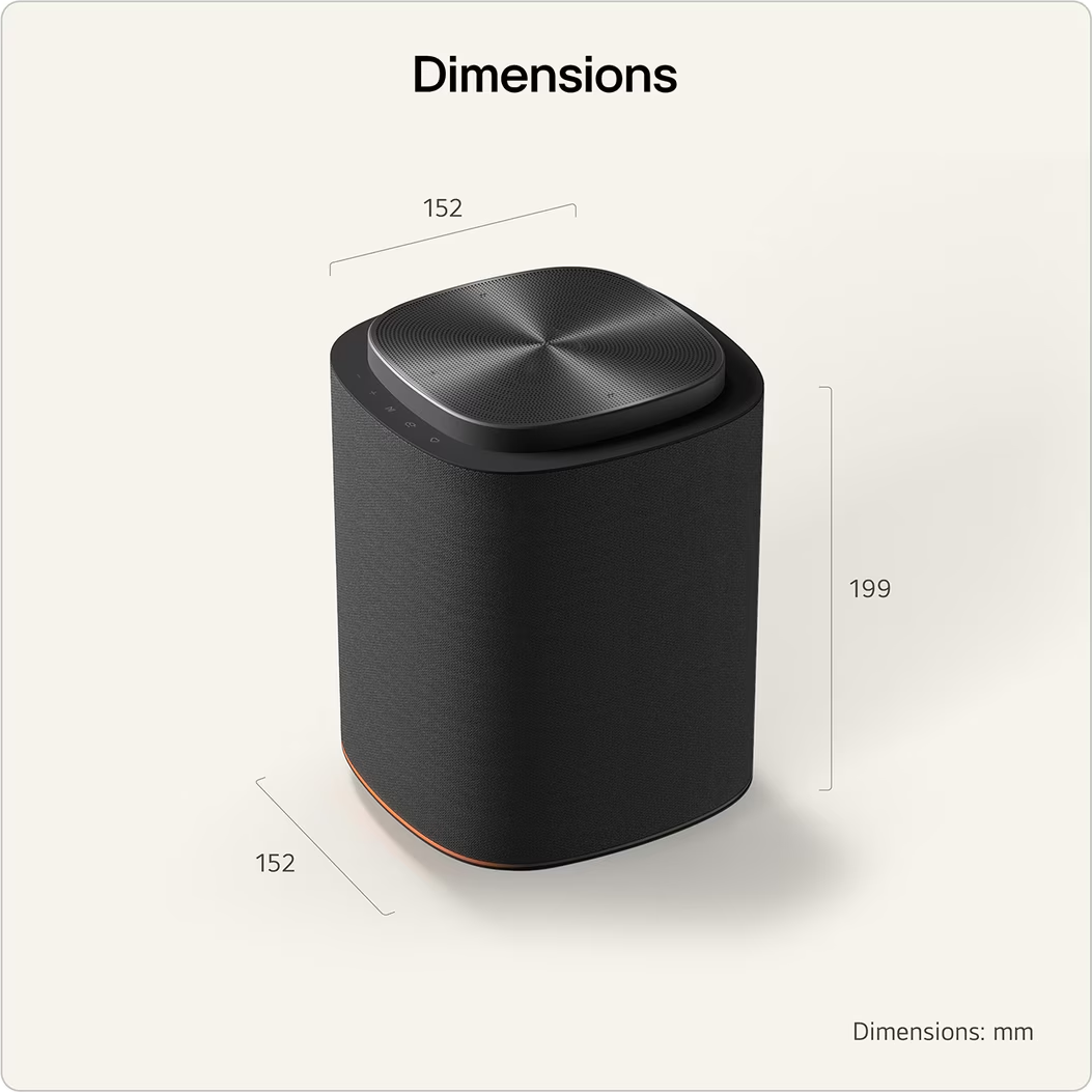 Haut-parleur noir avec dimensions 152x152x199 mm et panneau de contrôle argenté.