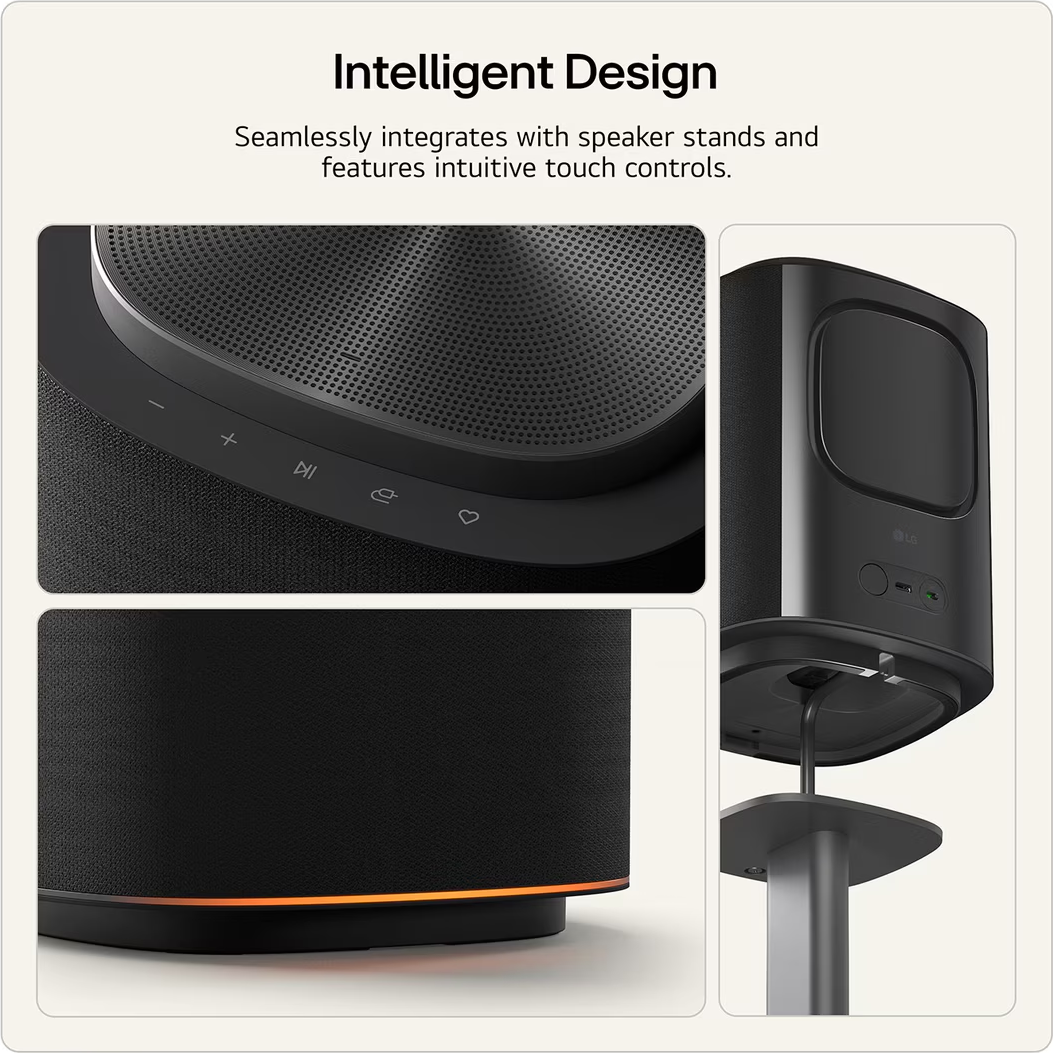 Gros plans d'un haut-parleur noir avec commandes tactiles et base illuminée.