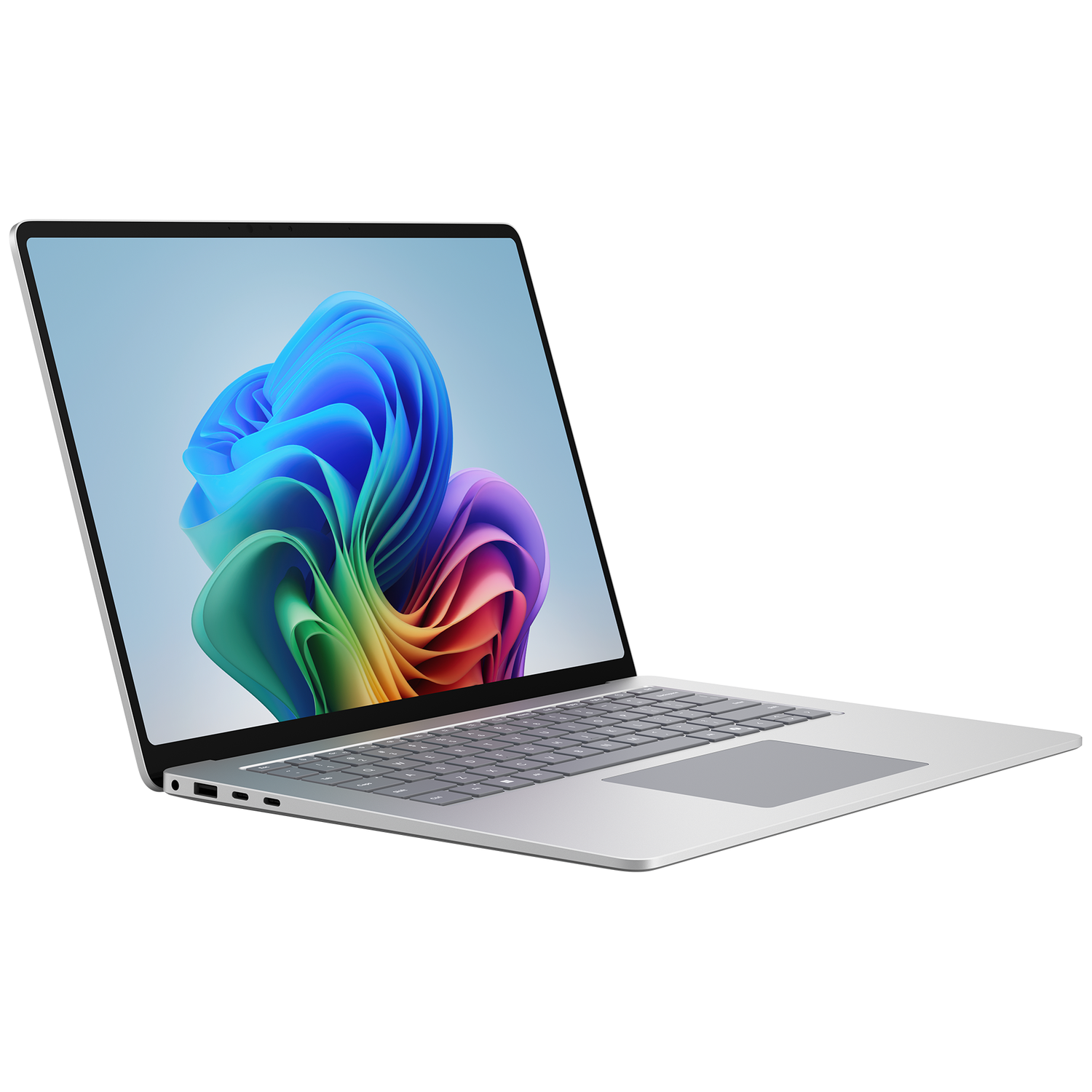 A silver laptop with its screen open, displaying a colorful abstract pattern.