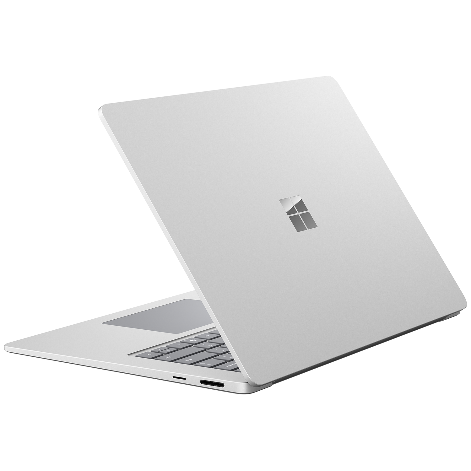 Zilveren laptop met open deksel, Microsoft-logo op de achterkant.