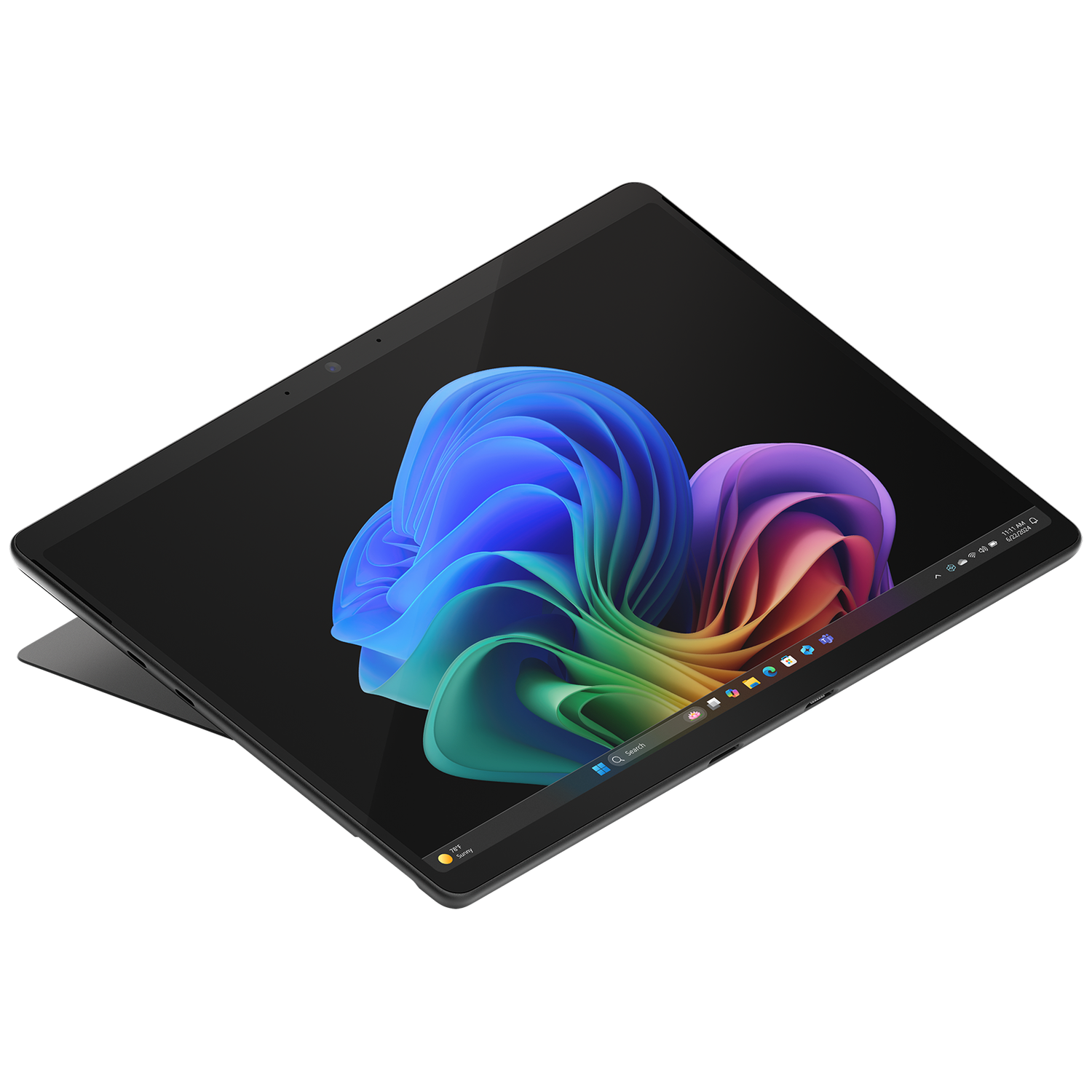 Een zwarte tablet met een kleurrijke Windows-achtergrond en een toetsenbord.