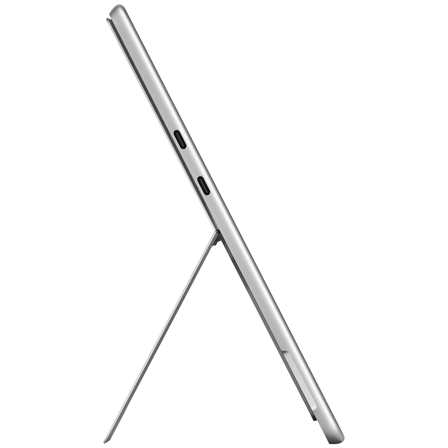 Zilveren tablet met standaard, zij-aanzicht.