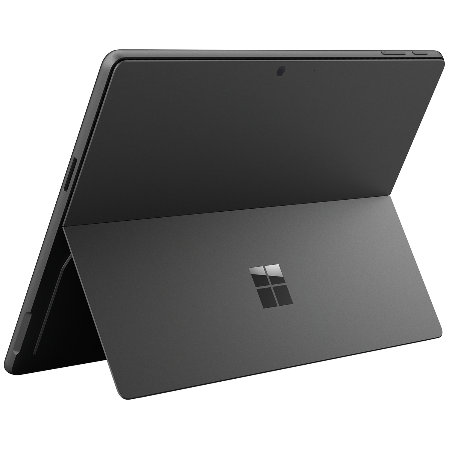 Een donkere laptop met de standaard open en het Windows-logo op de achterkant.