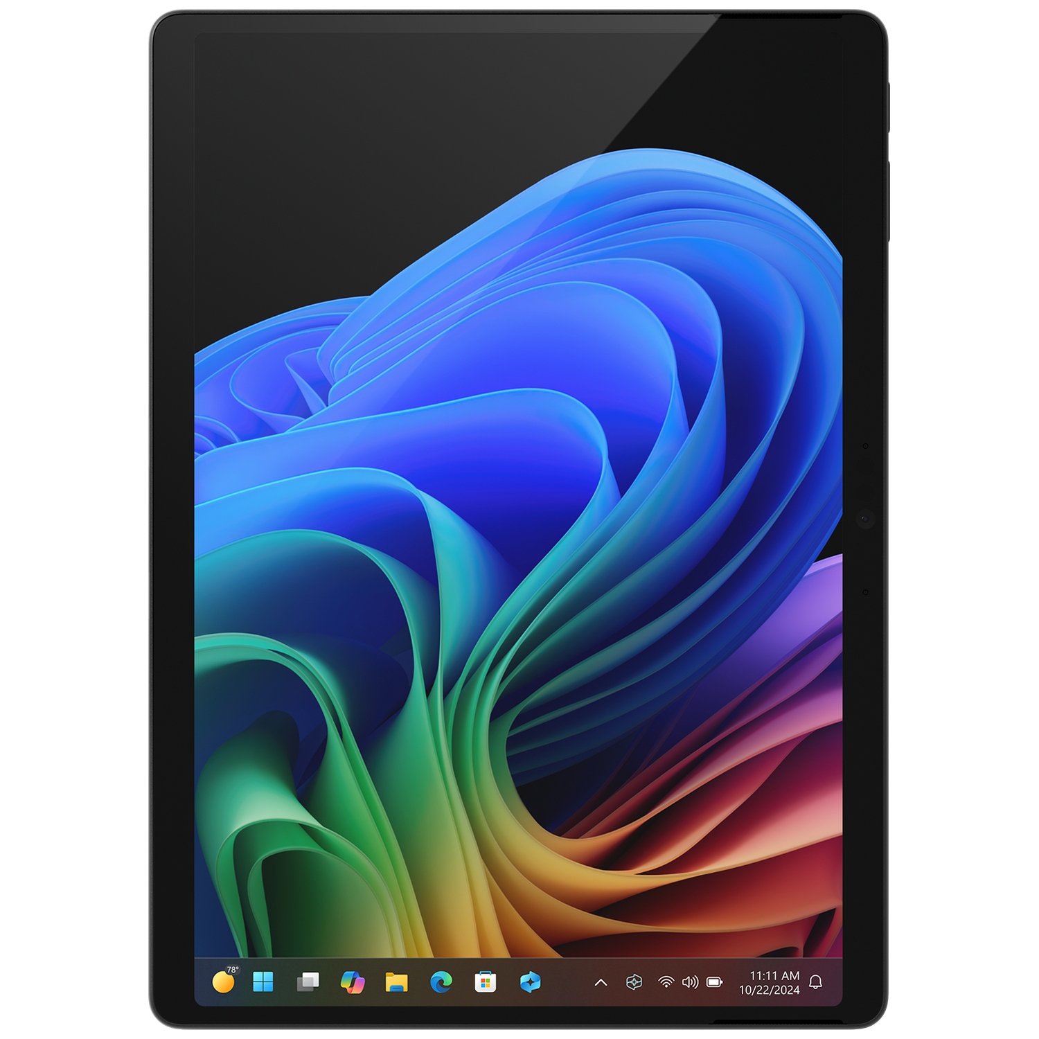 A tablet displaying a colorful, abstract wallpaper with a taskbar at the bottom.