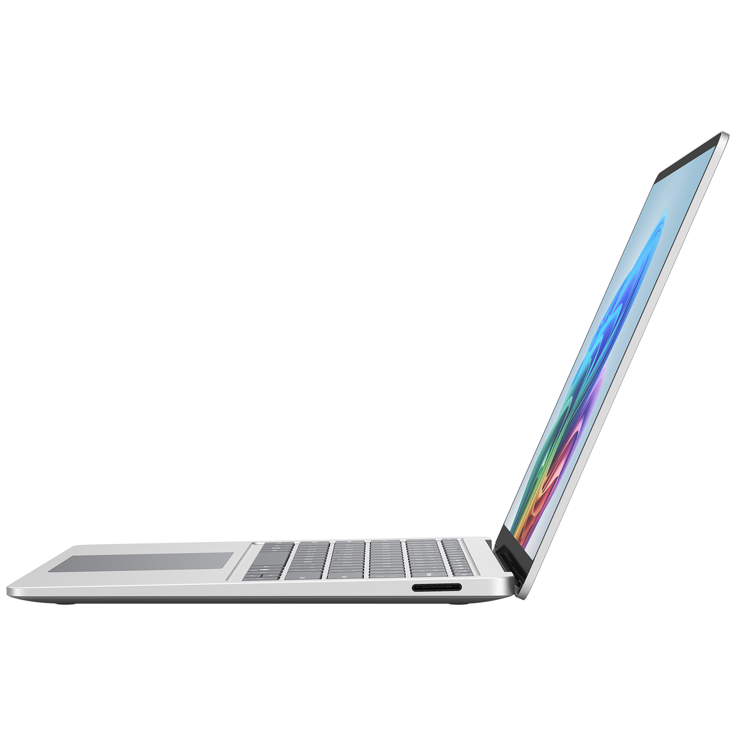 A silver laptop shown in profile, open with keyboard and screen visible.