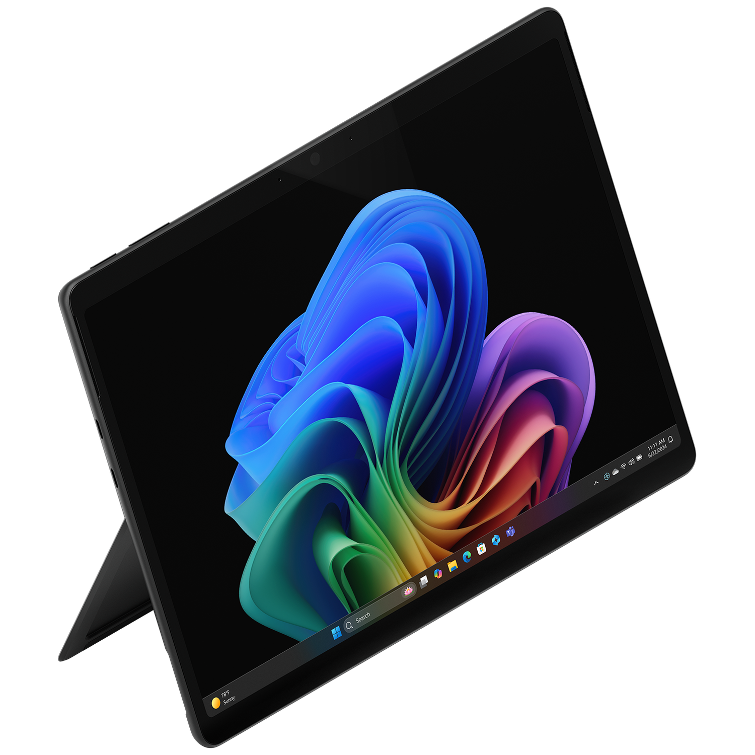 A black tablet with a colorful wallpaper and a kickstand.