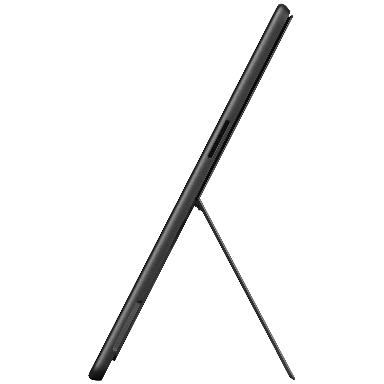 Black tablet with kickstand, viewed from the side.