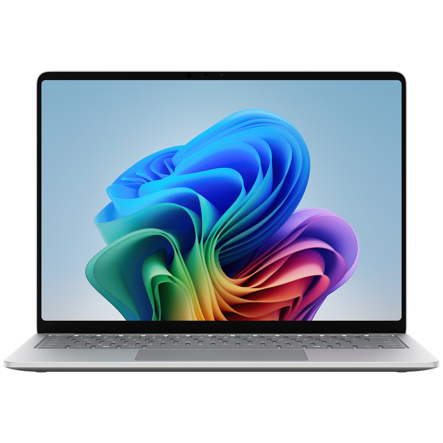 An open laptop displaying a colorful abstract wallpaper on its screen.