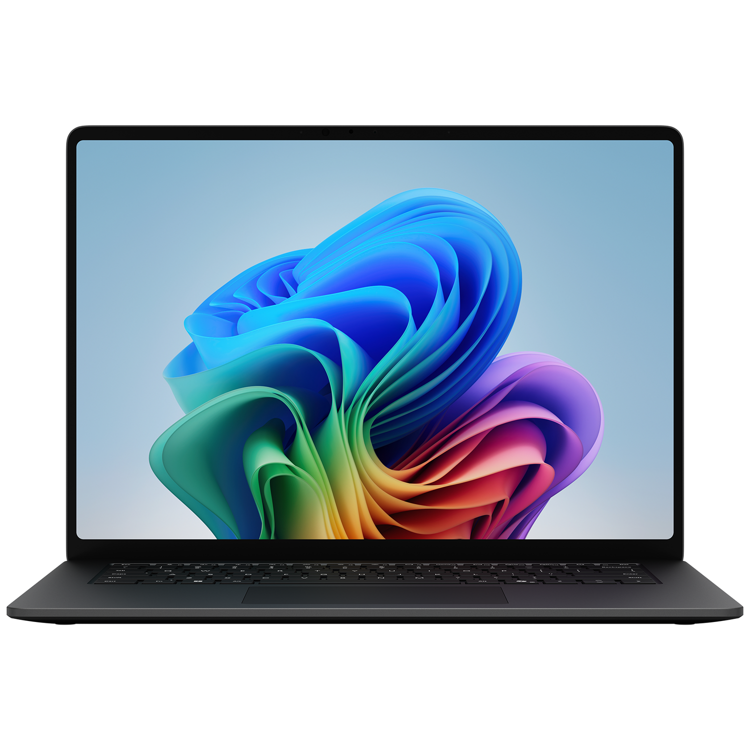 An open black laptop displaying a colorful wavy pattern on its screen.