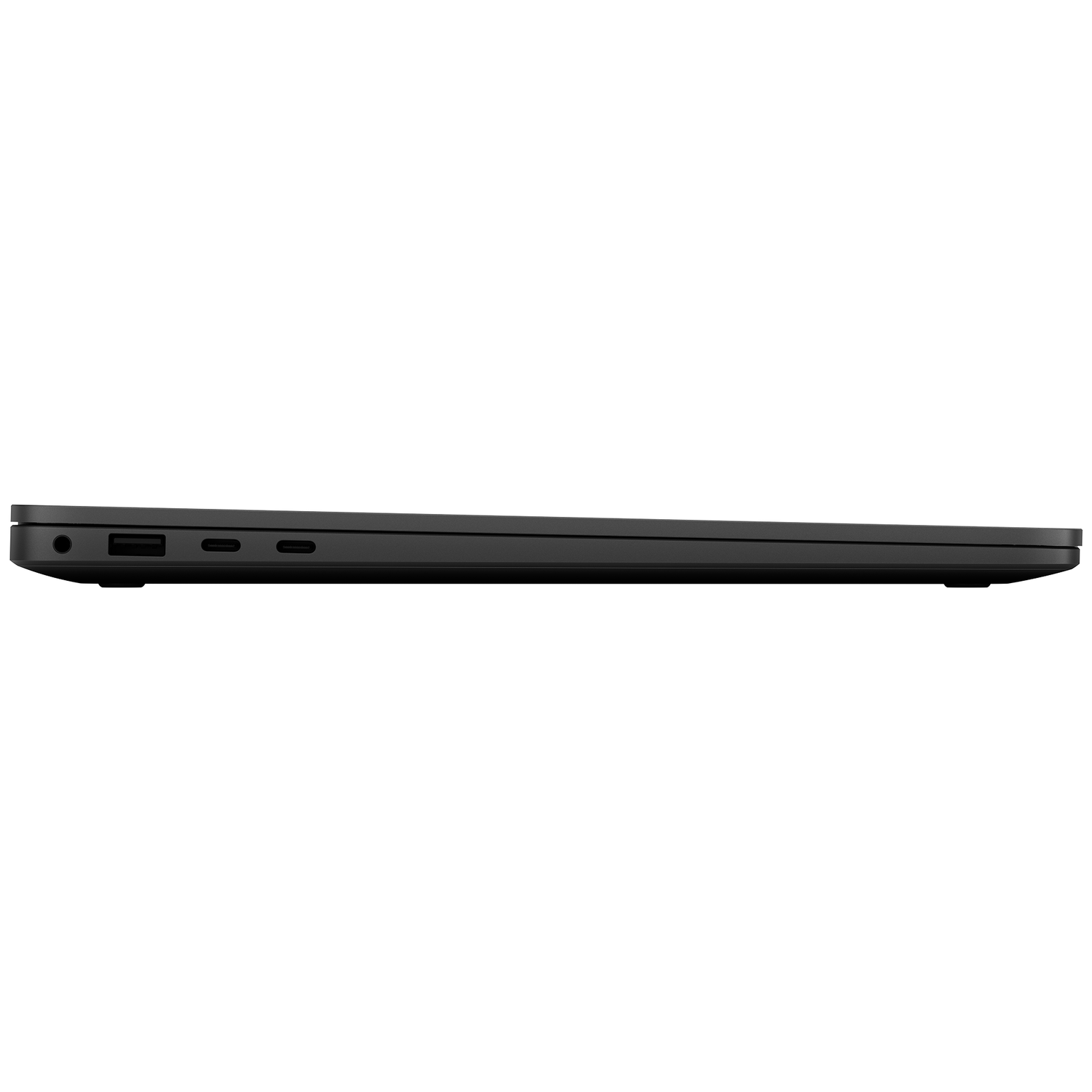 Black laptop shown from the side, featuring USB and other ports.