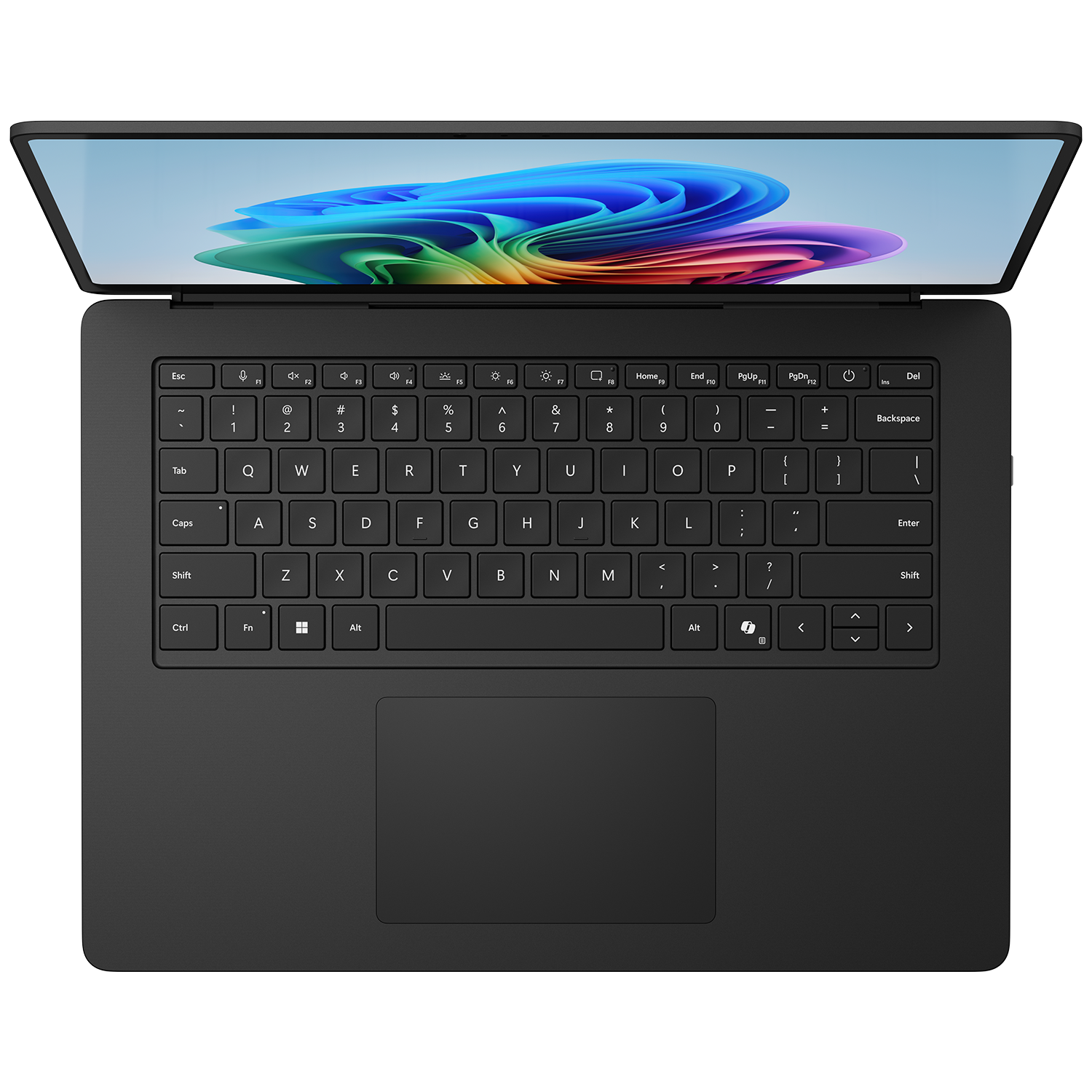 A black laptop with its screen open, displaying a colorful wallpaper.