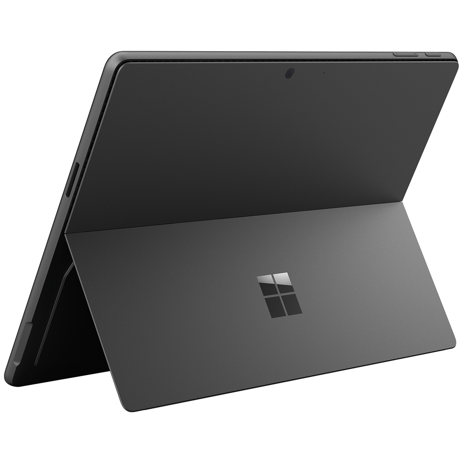 Une tablette sombre avec béquille déployée et logo Microsoft.