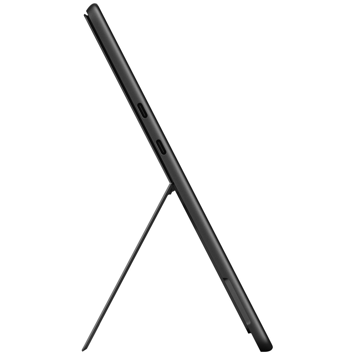 Une tablette noire avec béquille est montrée de profil sur fond blanc.