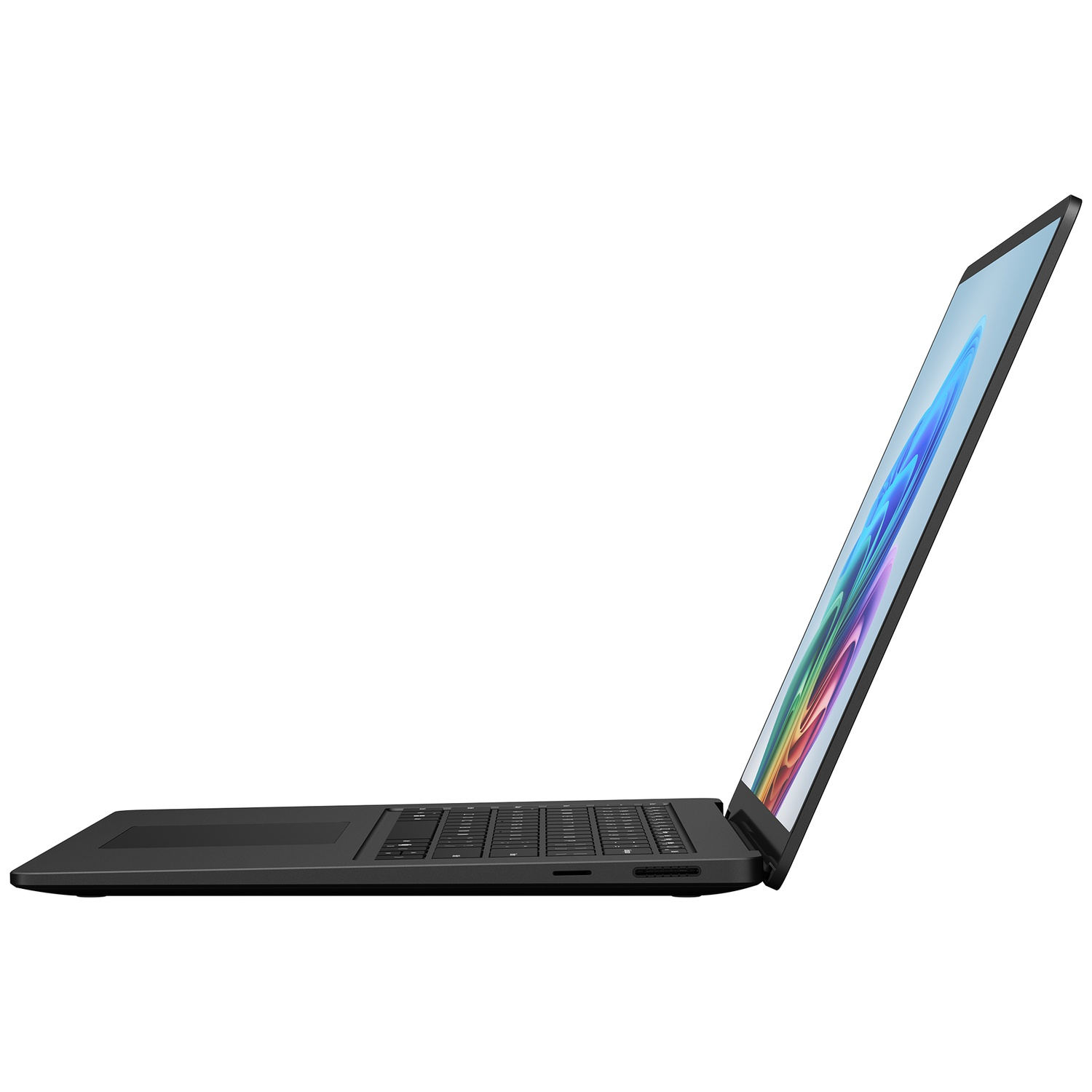 Een zwarte laptop in profiel, het scherm toont een kleurrijk abstract patroon.