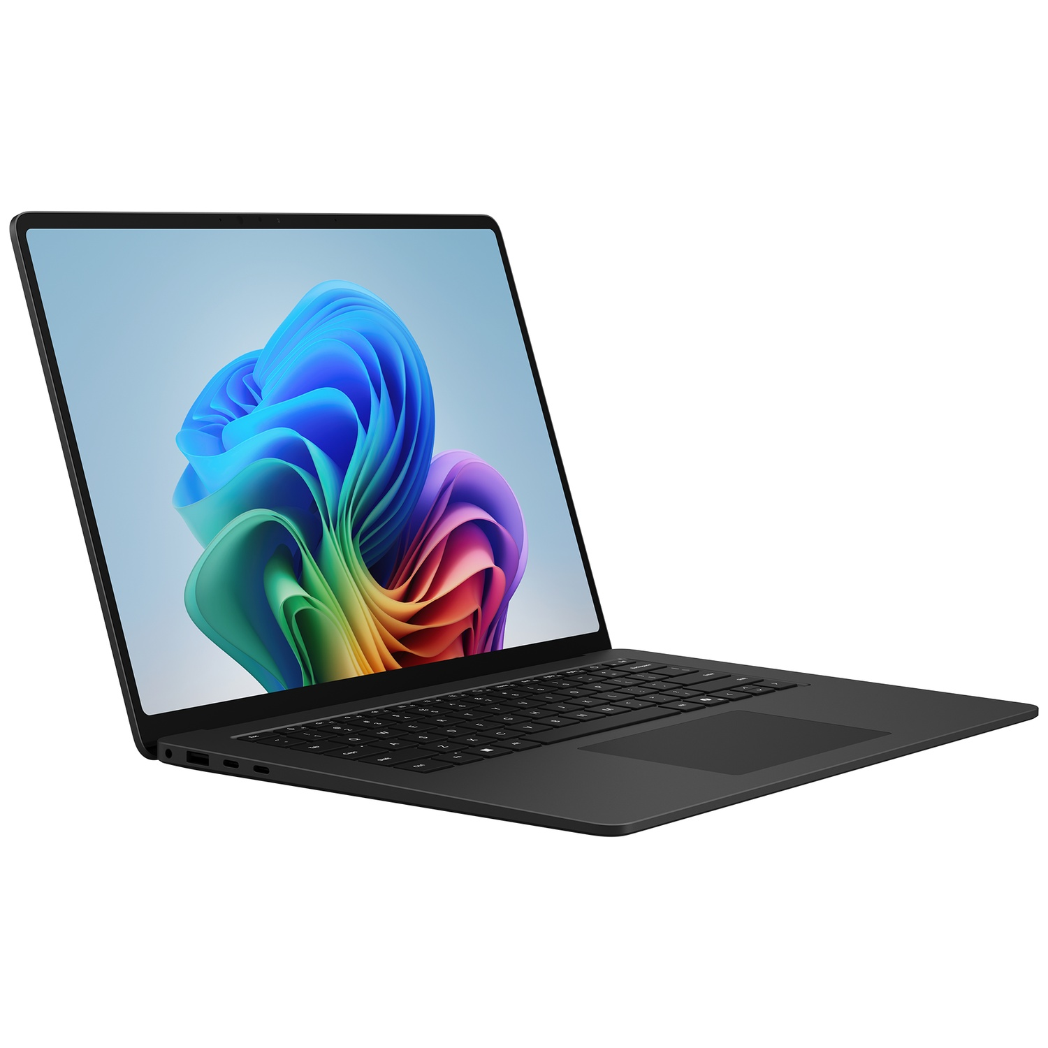 Een zwarte laptop met een kleurrijke, abstracte achtergrondafbeelding op het scherm.