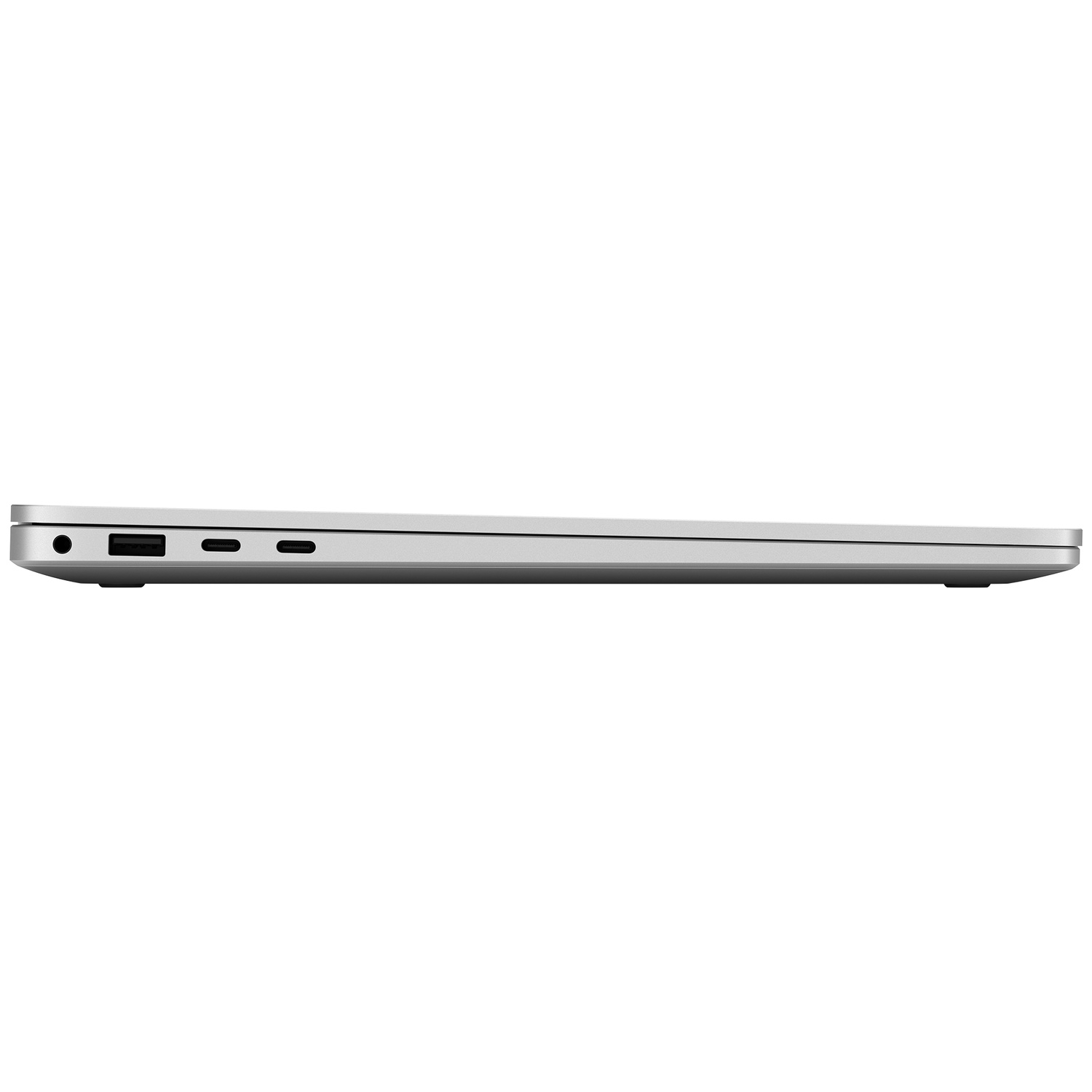 Zilver profiel laptop met poorten: audio jack, USB-A, twee USB-C.