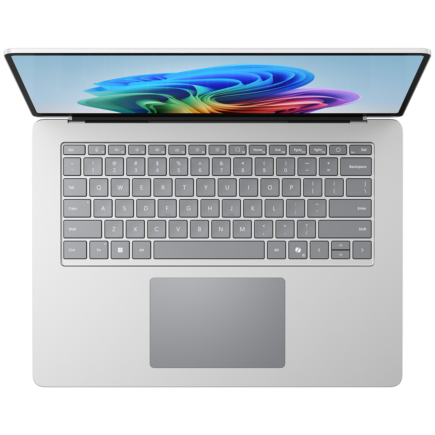 Een open zilveren laptop toont een kleurrijk abstract behang. Toetsenbord en trackpad zichtbaar.