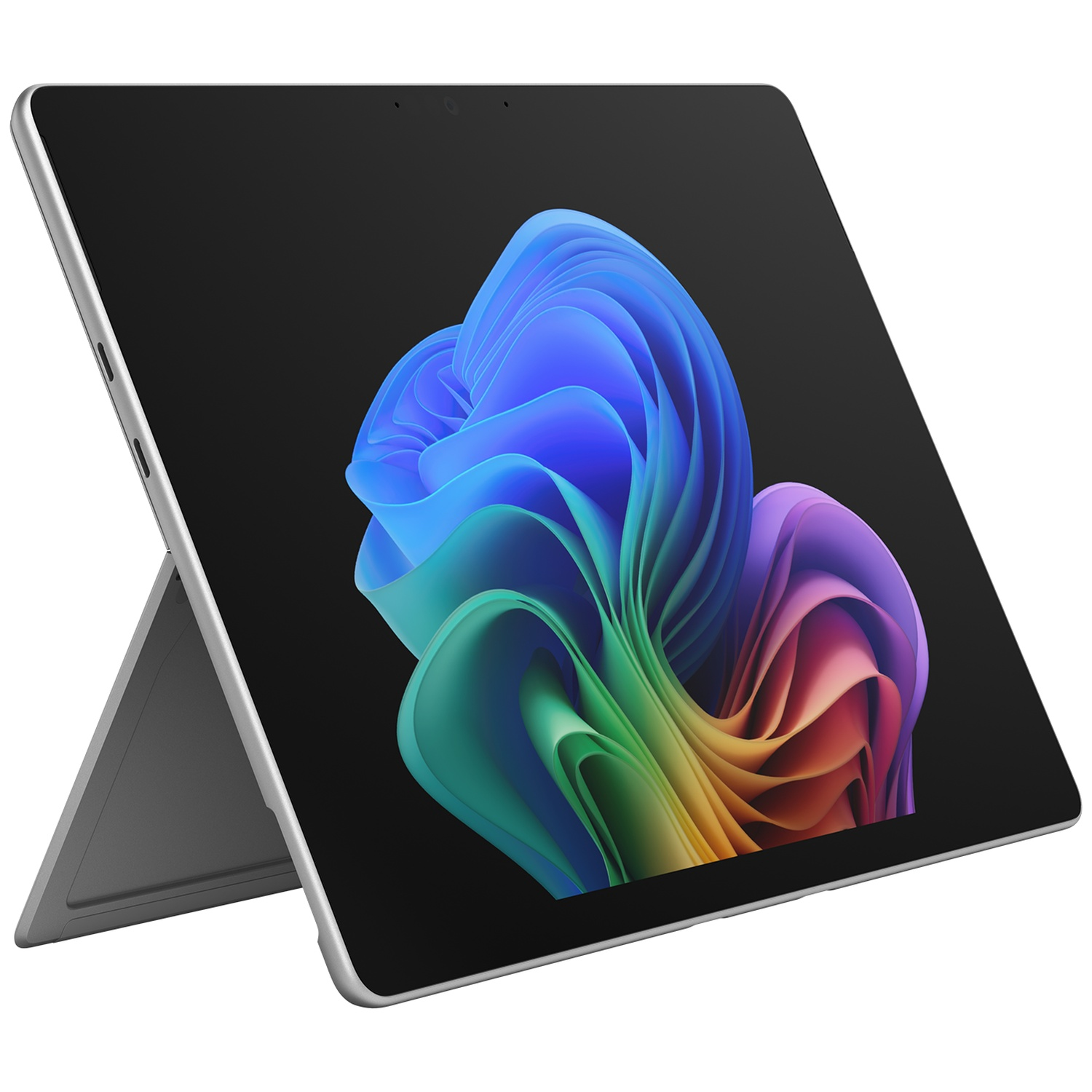 Une tablette argentée avec support intégré, affichant un fond d'écran abstrait coloré.