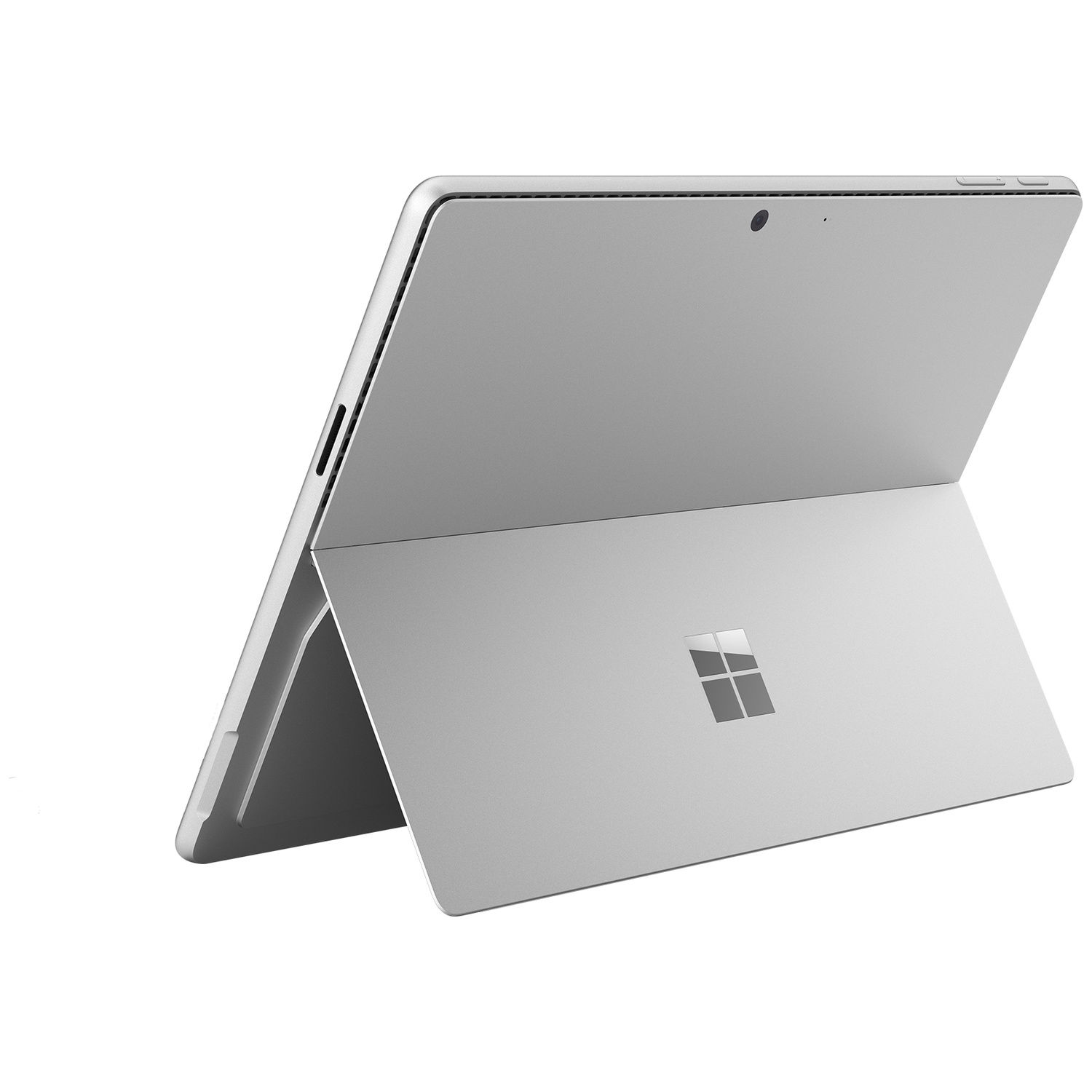 Une tablette Microsoft Surface argentée avec béquille déployée, sur fond blanc.