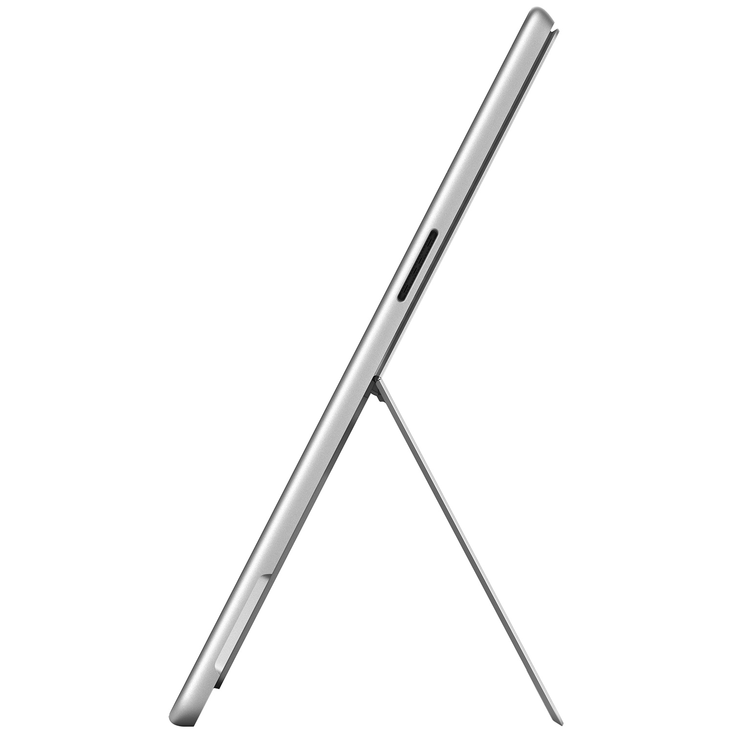 Een zilveren tablet met standaard, getoond op witte achtergrond.