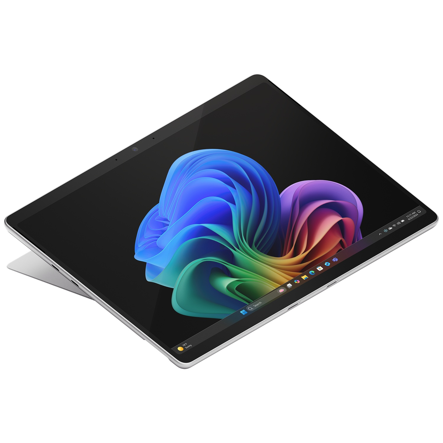 Een zilveren tablet met kleurrijke achtergrond en een taakbalk op het scherm.
