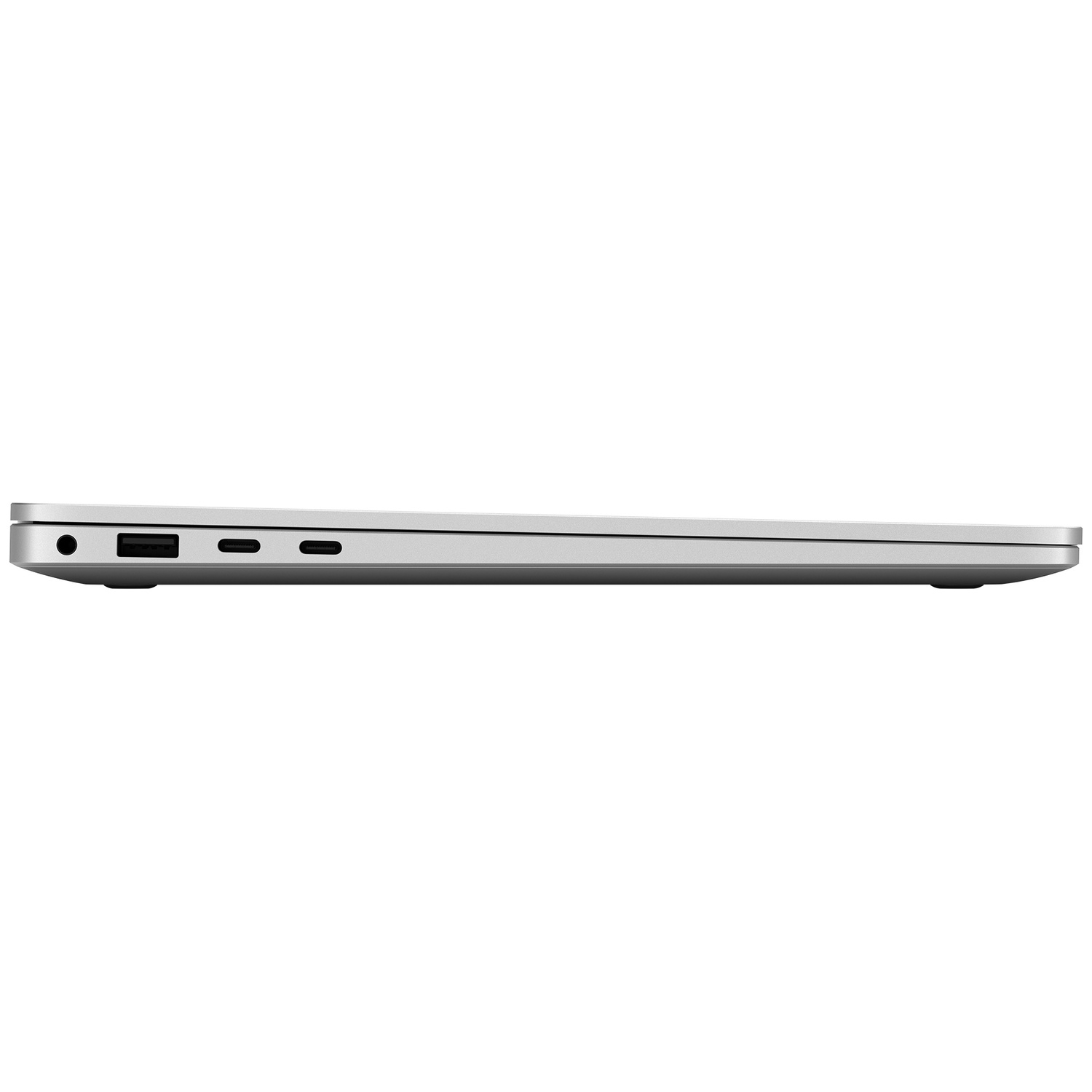 Zijaanzicht van een gesloten zilveren laptop met poorten.