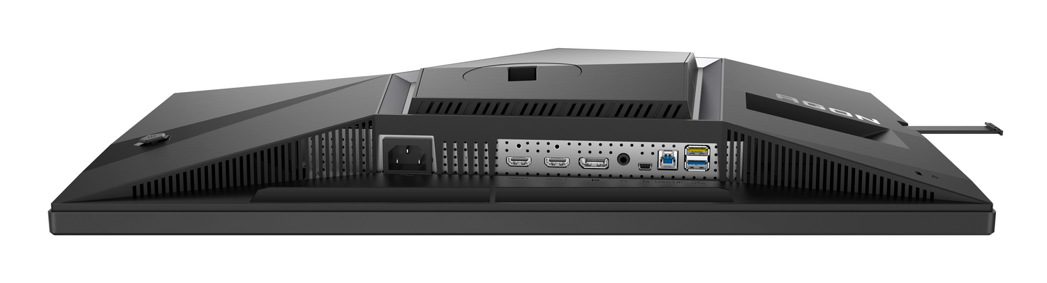 Parte trasera de un monitor negro mostrando puertos: alimentación, HDMI, USB.