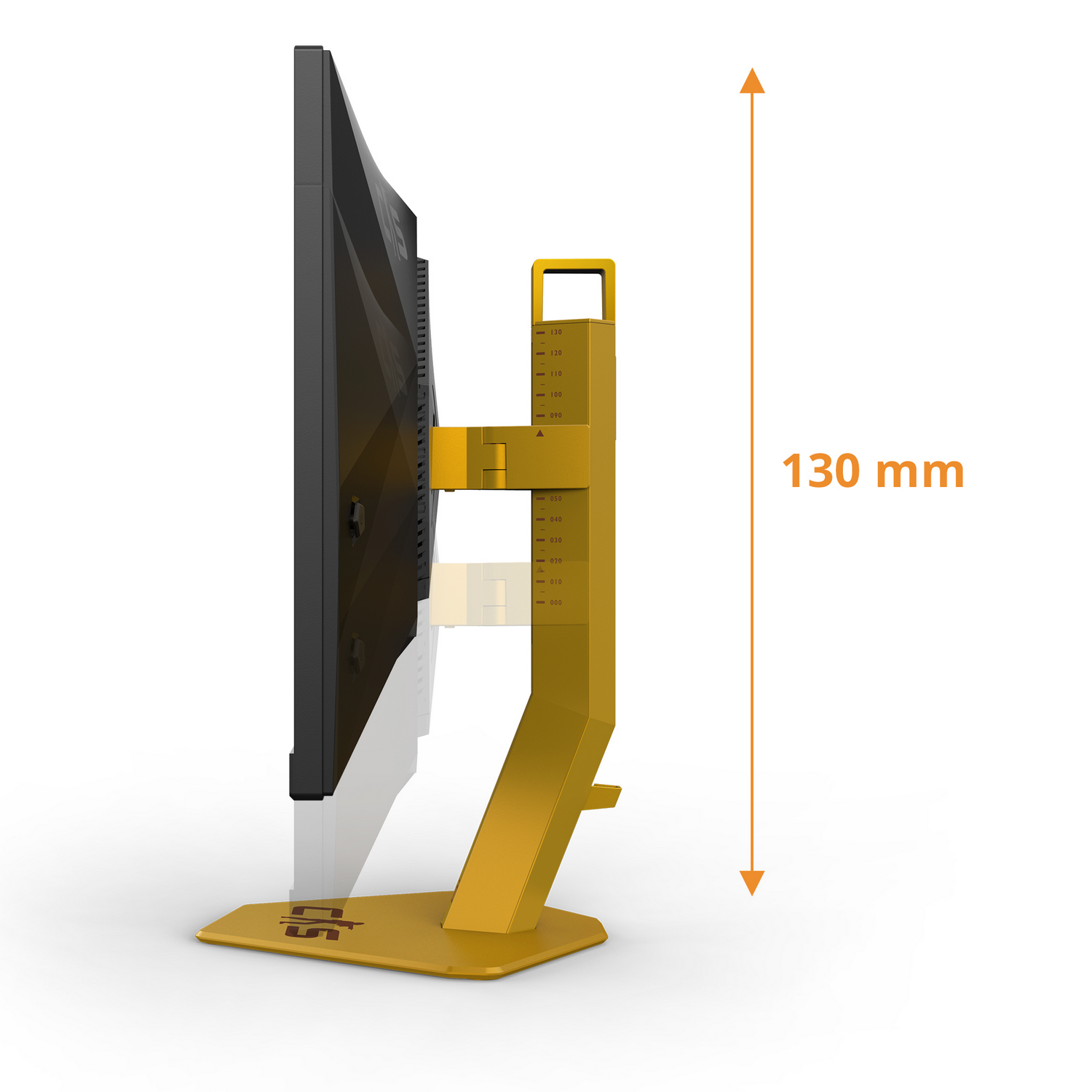 Un monitor negro sobre un soporte amarillo ajustable. El soporte tiene marcas de altura.