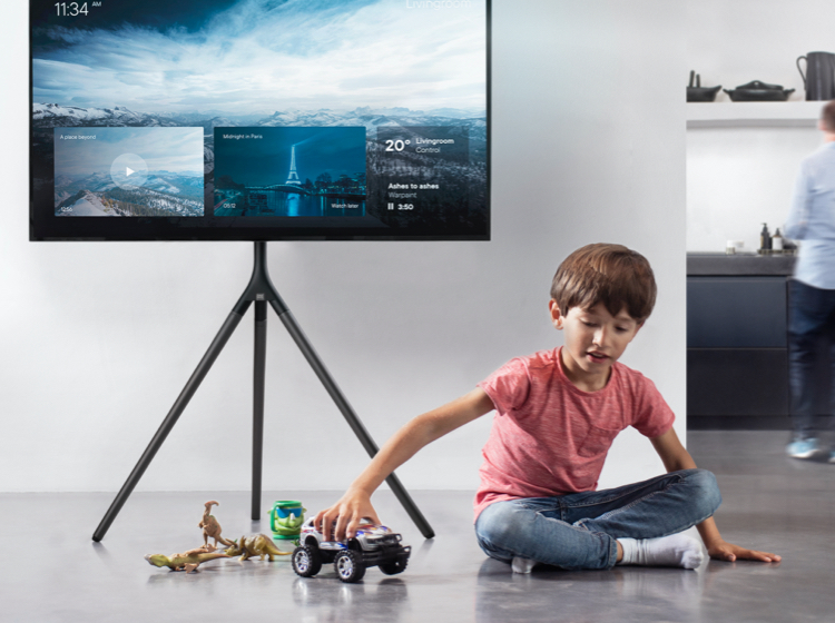Un niño se sienta en el suelo jugando con coches de juguete y dinosaurios frente a un televisor grande.