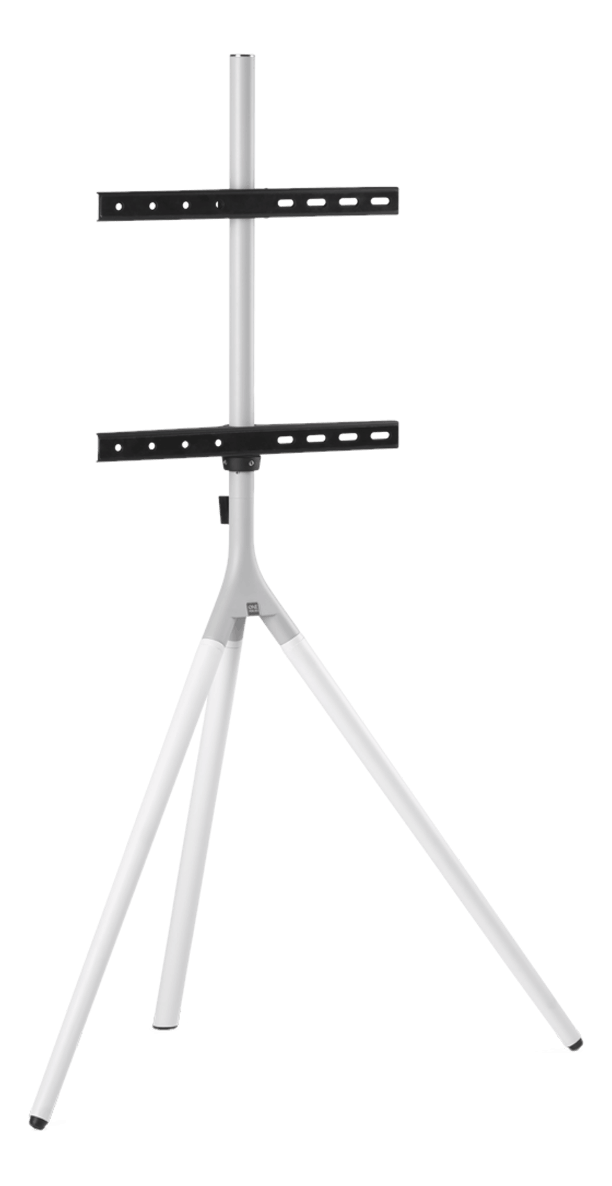 Un soporte de TV plateado con tres patas y dos soportes.