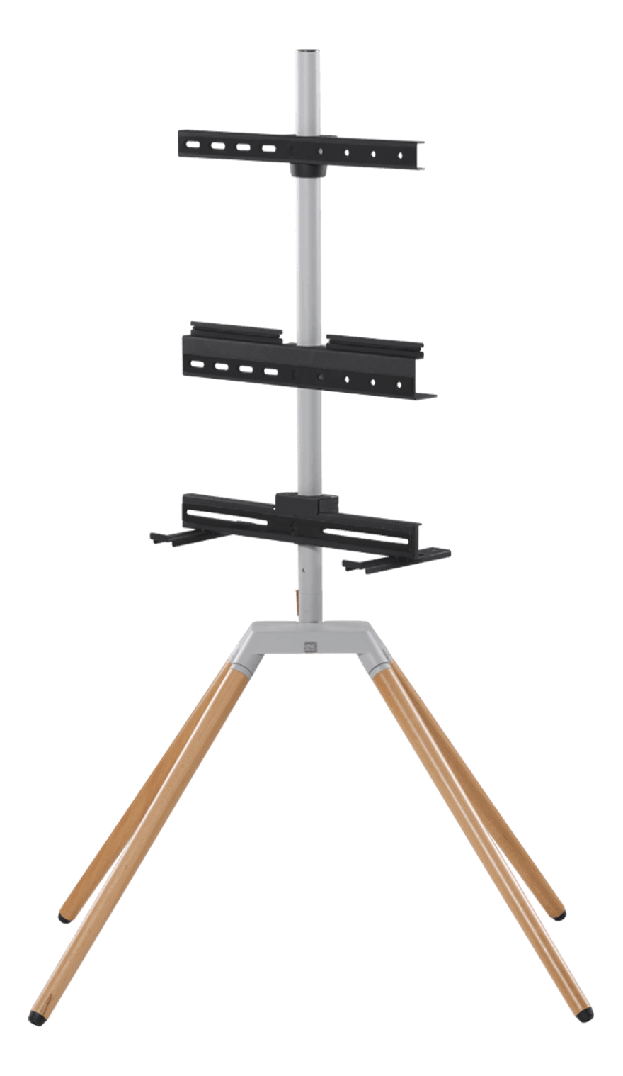 Soporte de TV plateado con tres estantes y patas de madera.