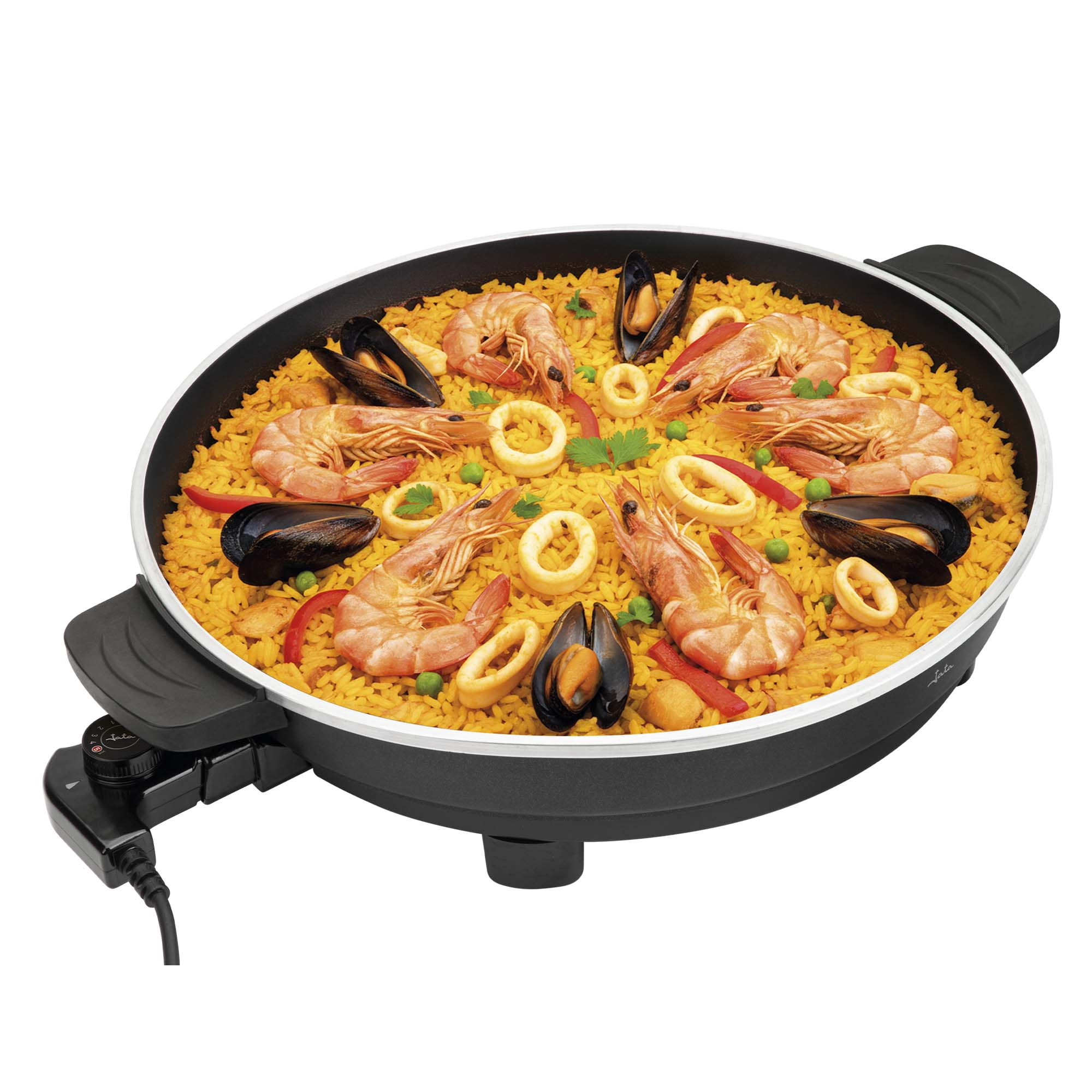Paella con gambas, mejillones y anillas de calamar en sartén eléctrica.